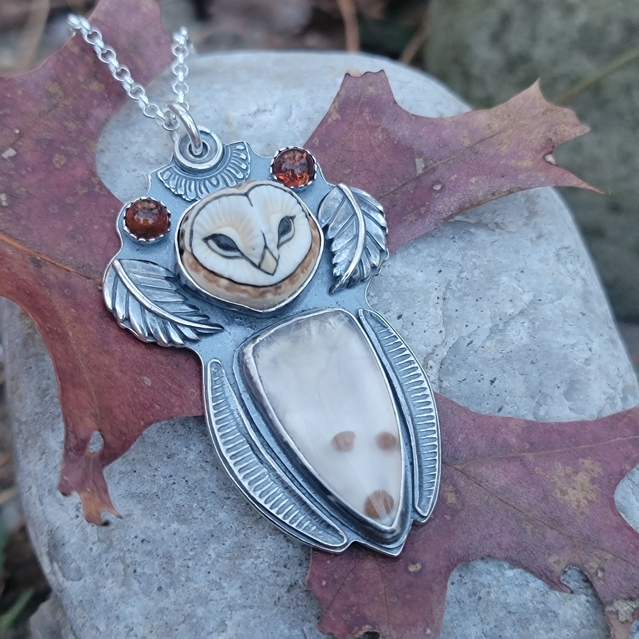 Owl Queen Pendant with Chalcedony & Amber in Sterling Silver