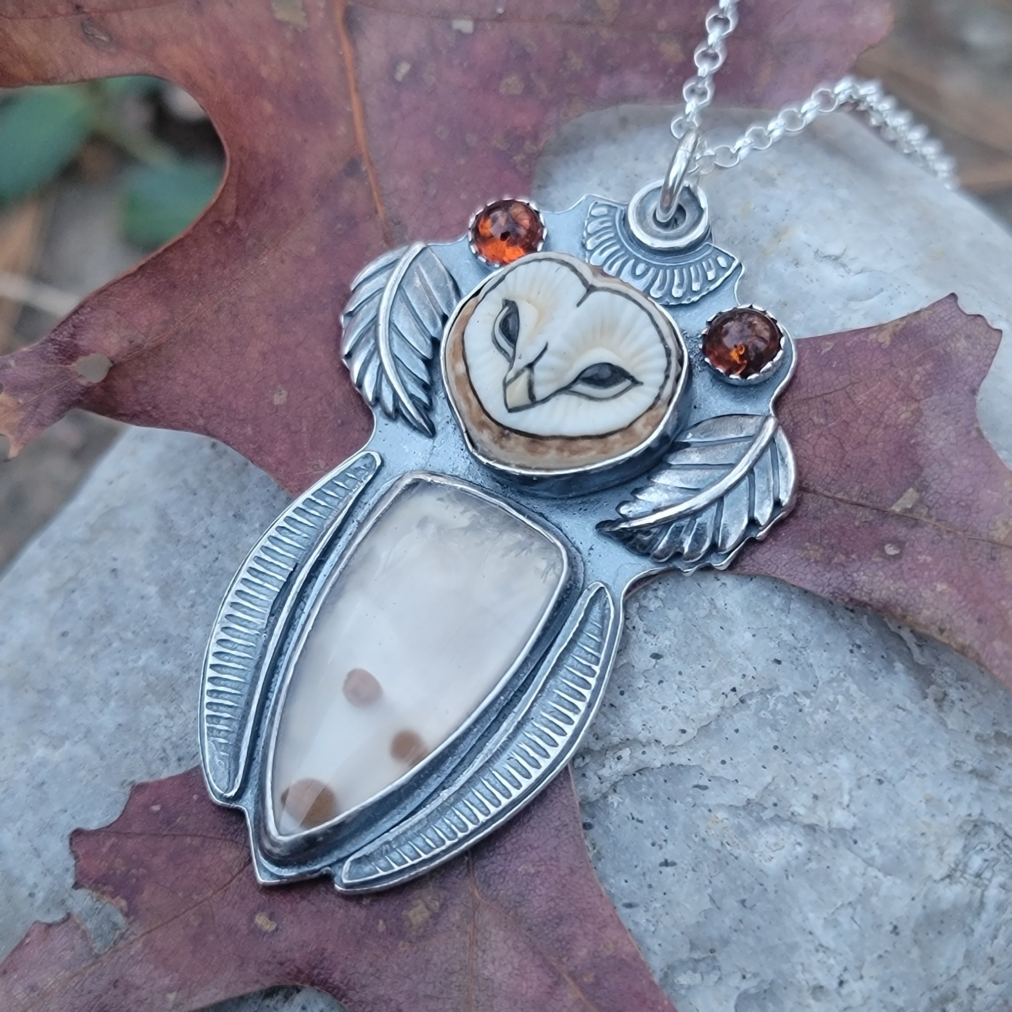 Owl Queen Pendant with Chalcedony & Amber in Sterling Silver