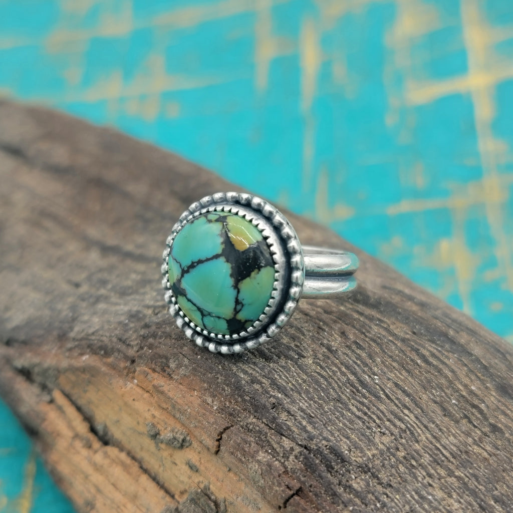 Round Hubei Turquoise Ring in Sterling Silver Size 8.5