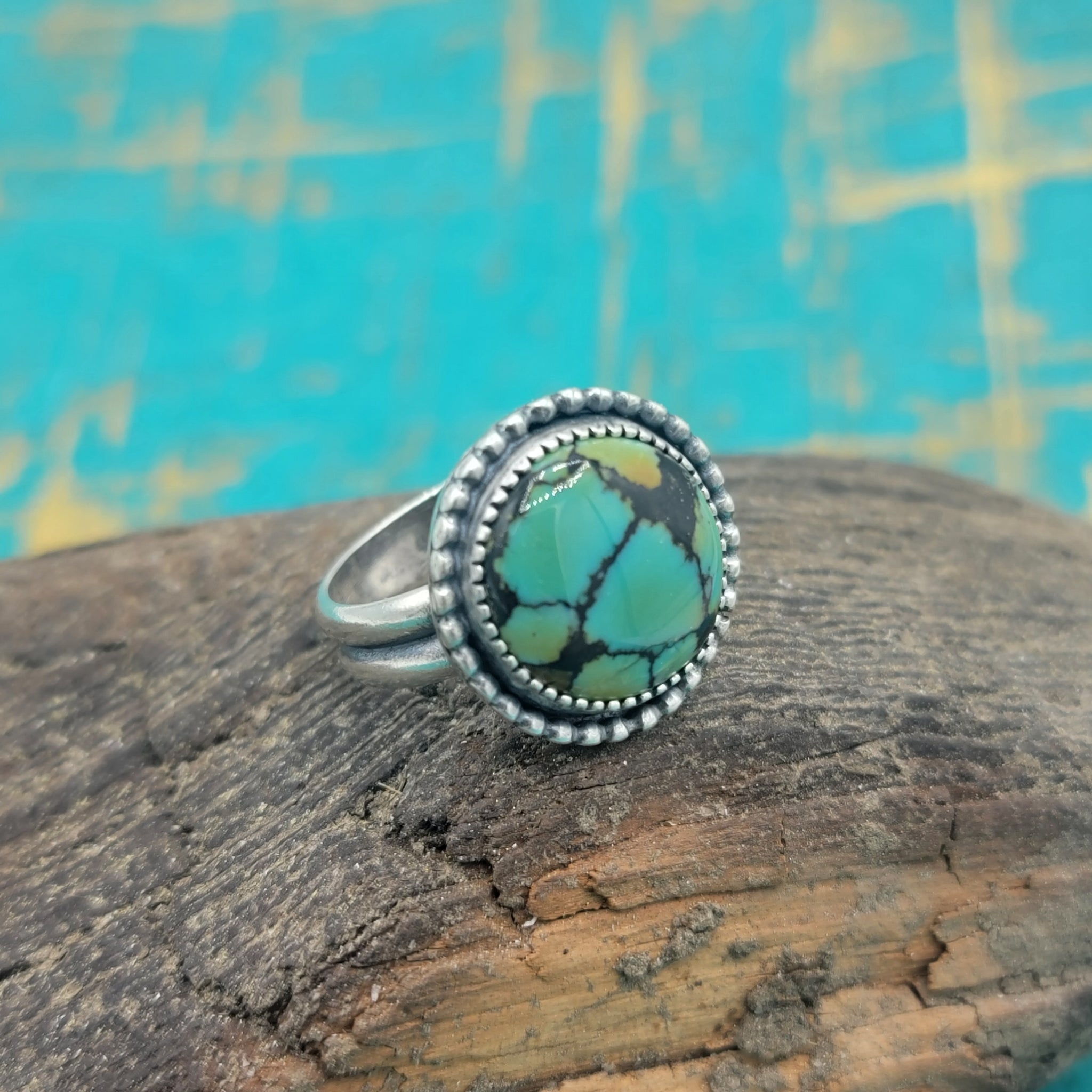 Round Hubei Turquoise Ring in Sterling Silver Size 8.5