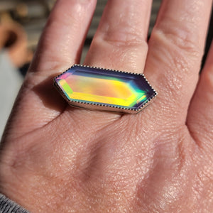 Magical Aura Opal Hexagon Doublet Ring in Sterling Silver Size 10.5