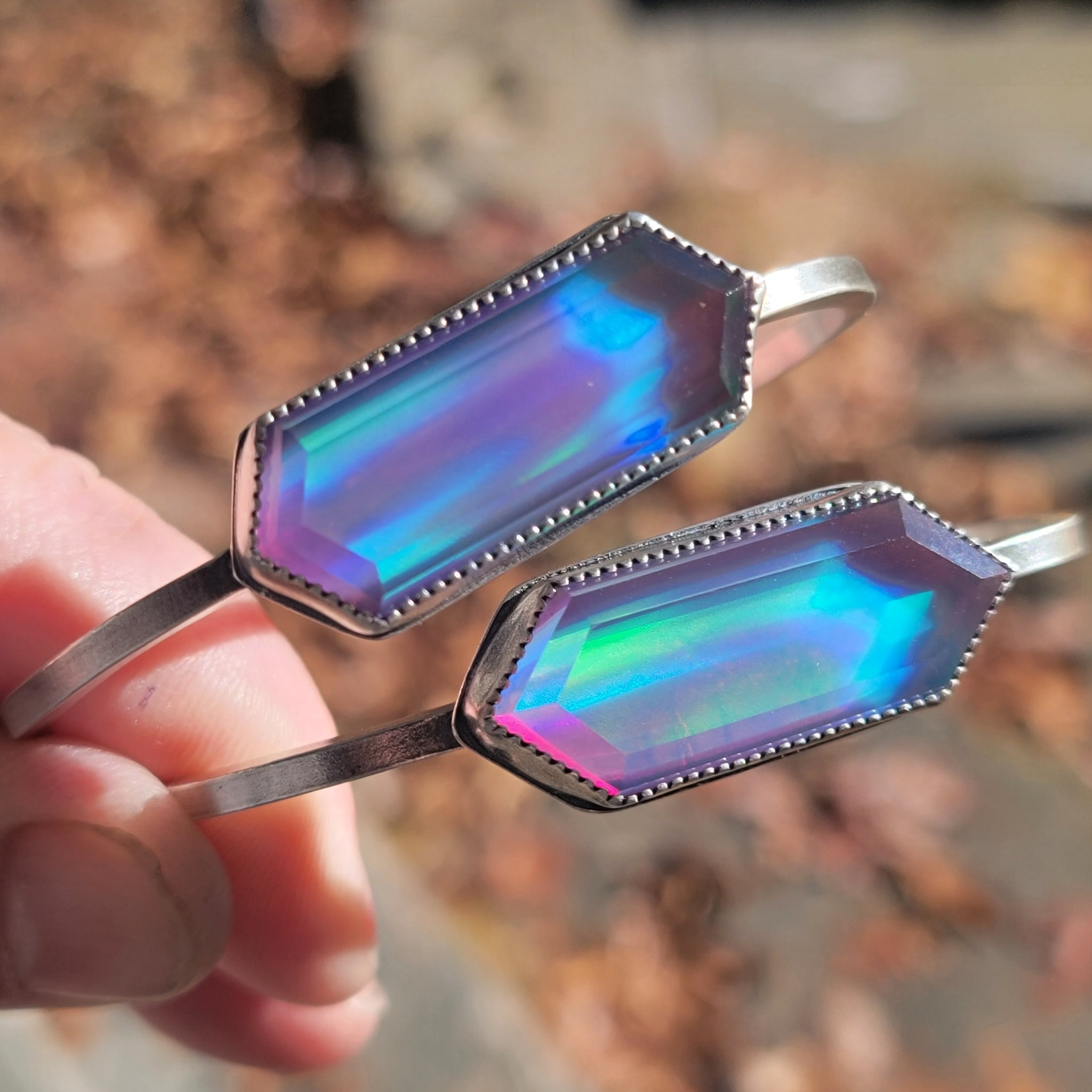 Magical Aura Opal Hexagon Doublet Cuff Bracelets in Sterling Silver