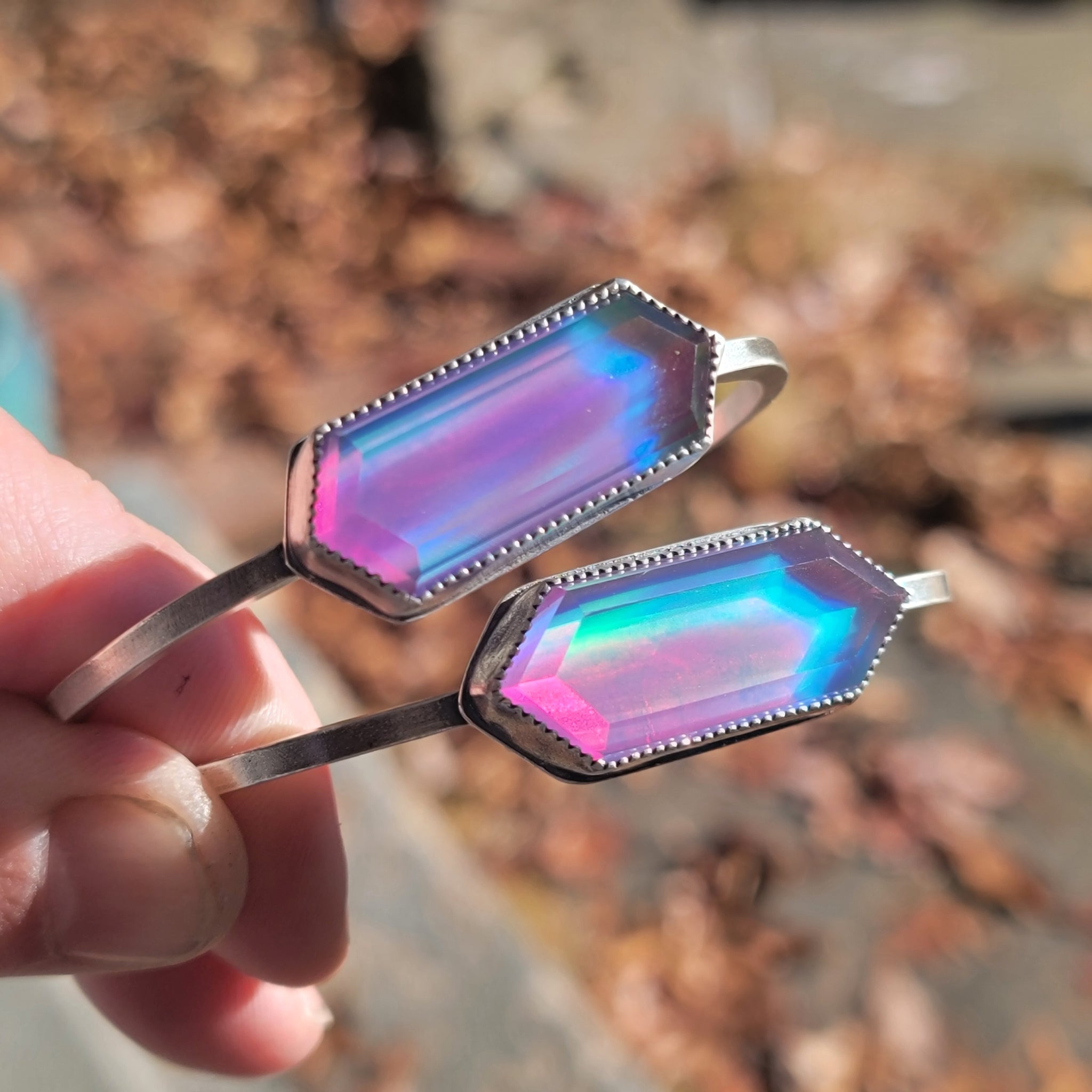 Magical Aura Opal Hexagon Doublet Cuff Bracelets in Sterling Silver