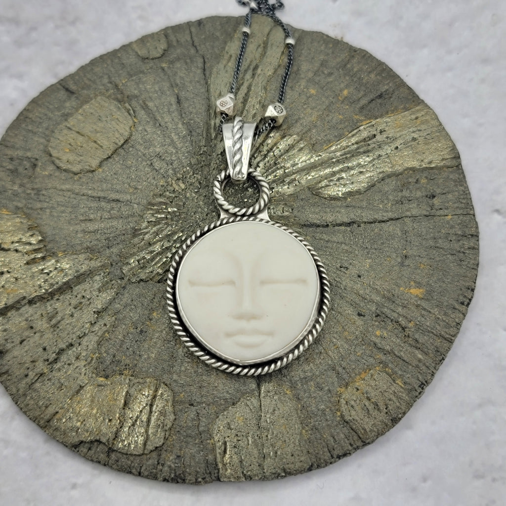 Ceramic Moon Face Pendant in Sterling Silver