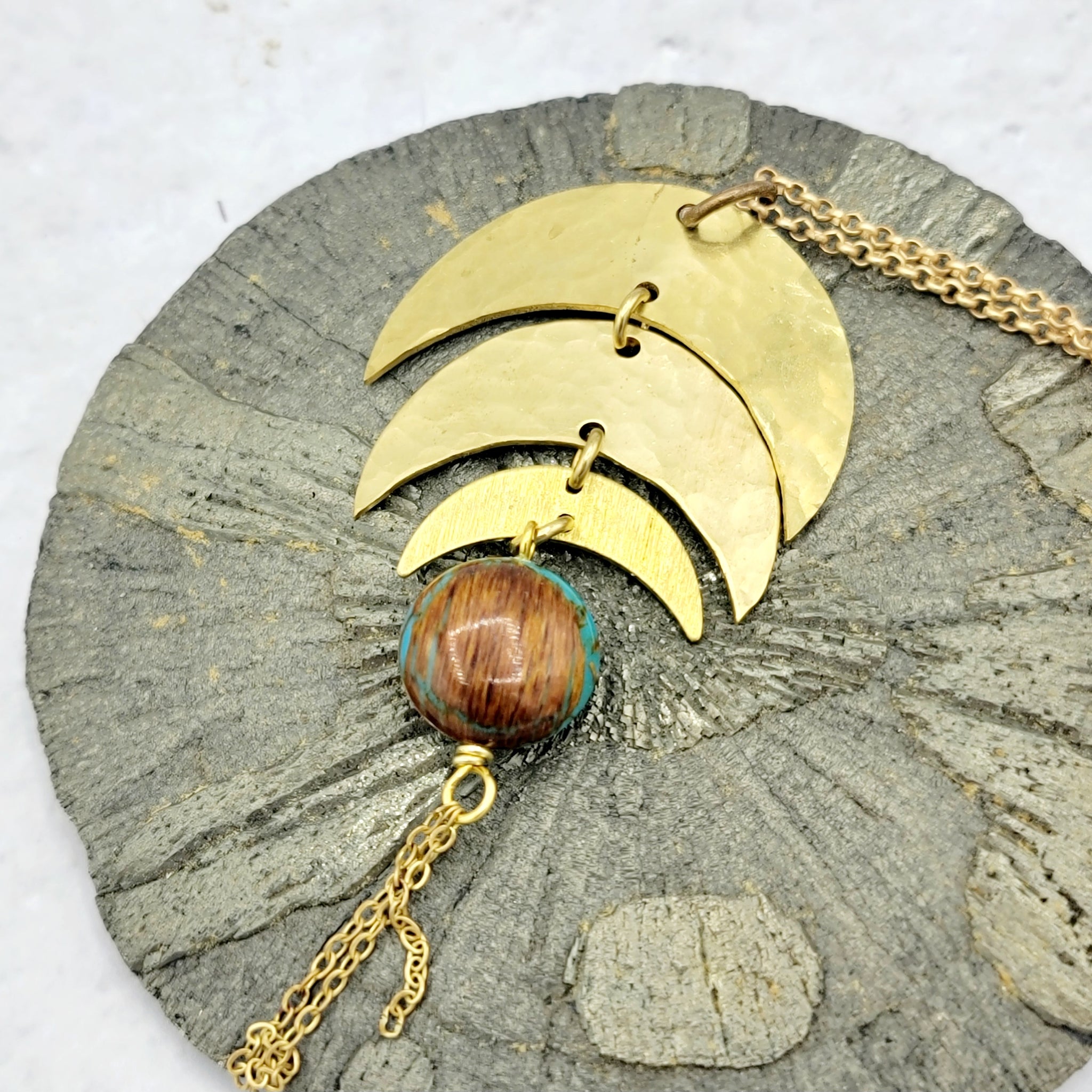 Boho Brass Crescent Pendants with Various Stones & Beads