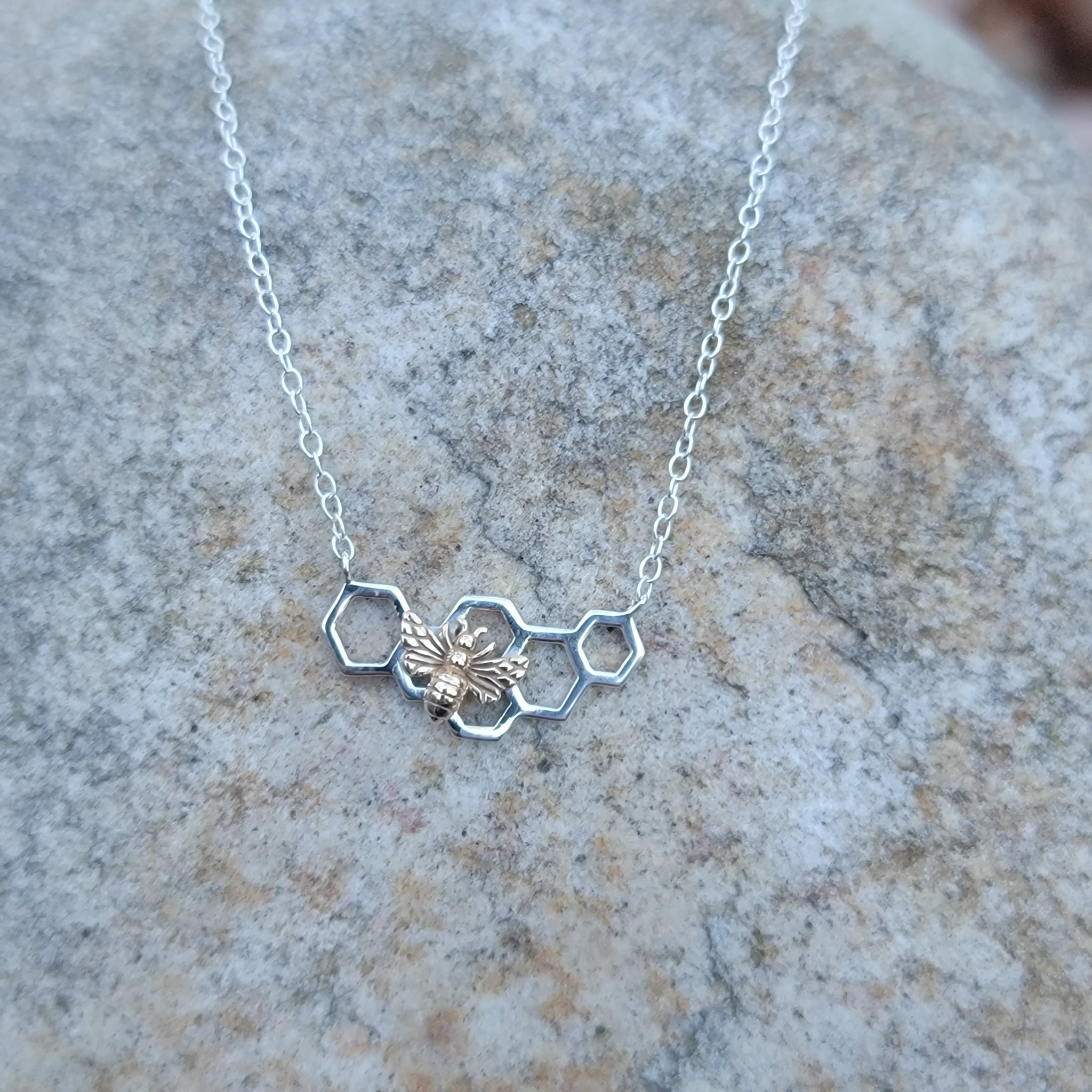 Tiny Sterling Silver Honeycomb Necklace with Bronze Honeybee