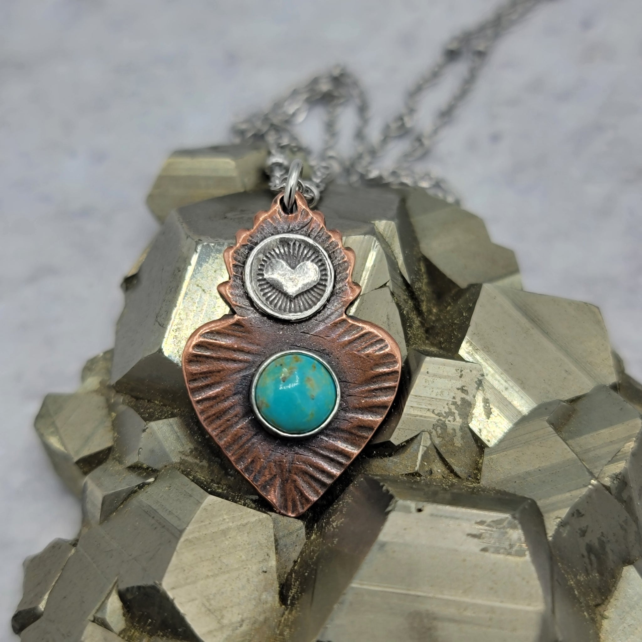 Flaming Heart Milagro Gemstone Pendant in Copper & Sterling Silver