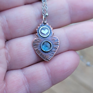 Flaming Heart Milagro Gemstone Pendant in Copper & Sterling Silver