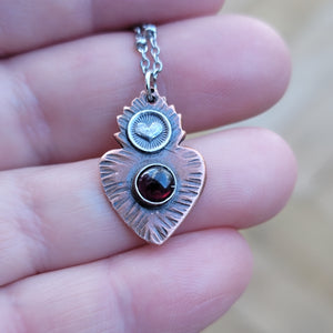 Flaming Heart Milagro Gemstone Pendant in Copper & Sterling Silver