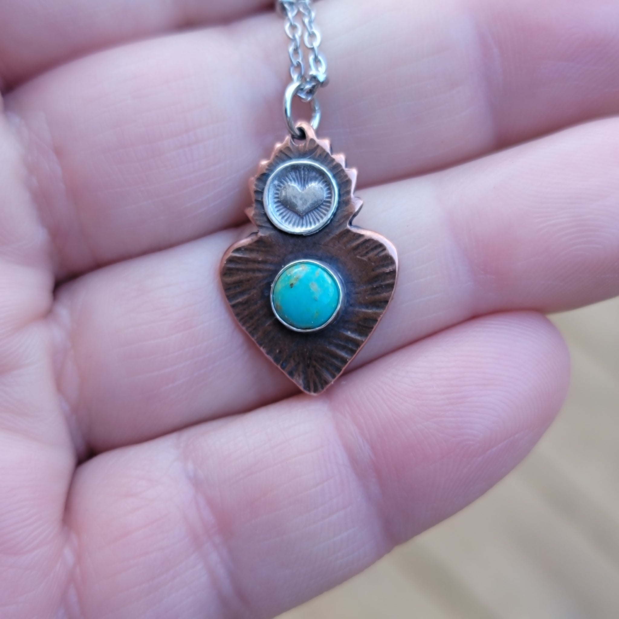 Flaming Heart Milagro Gemstone Pendant in Copper & Sterling Silver