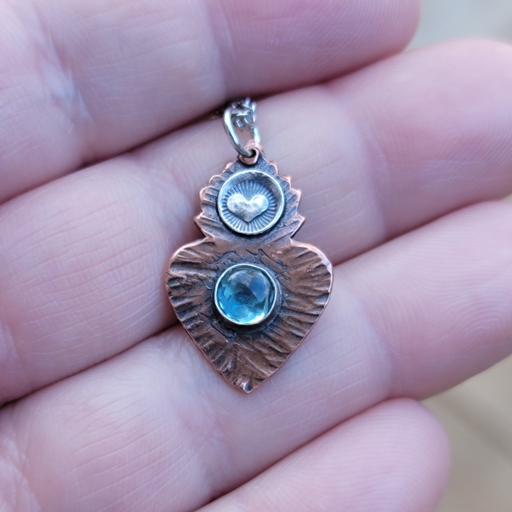 Flaming Heart Milagro Gemstone Pendant in Copper & Sterling Silver