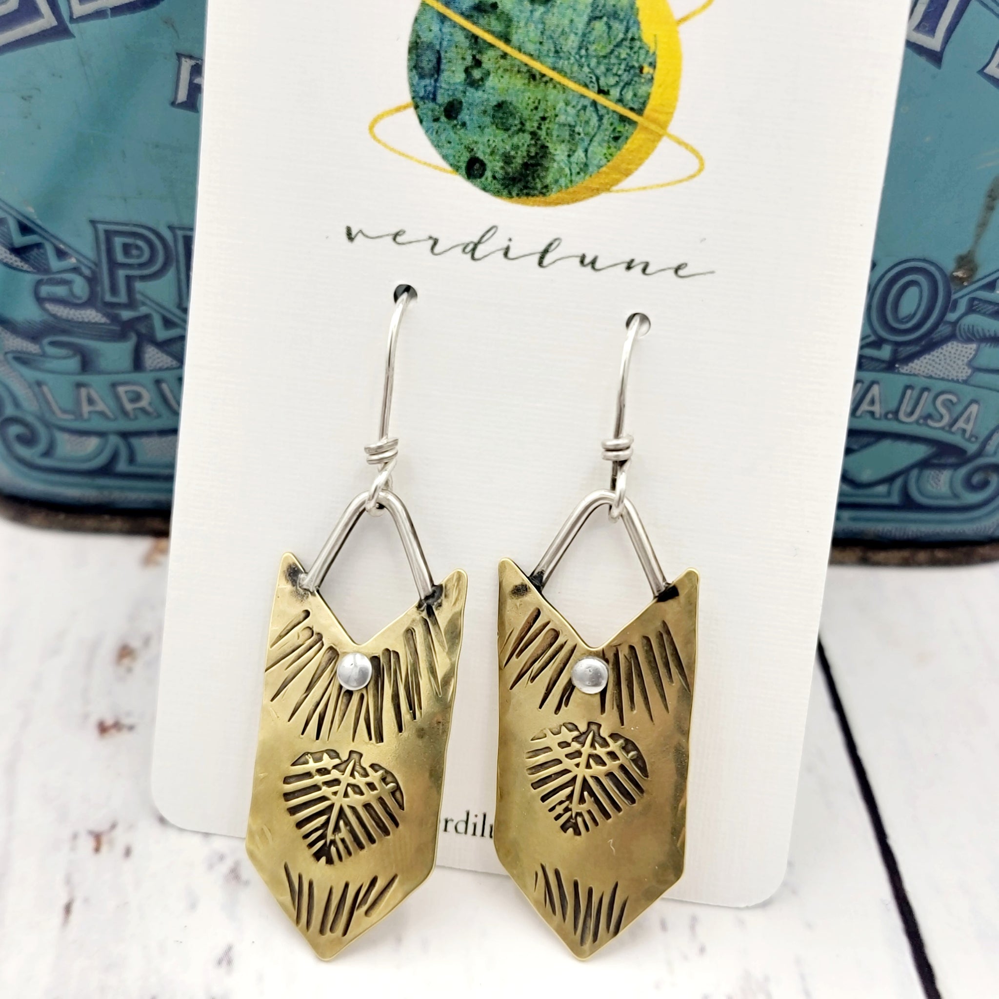 Boho Arrow Earrings - Handstamped Brass & Sterling Silver