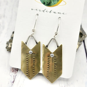 Boho Arrow Earrings - Handstamped Brass & Sterling Silver