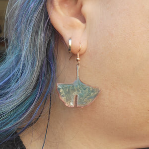 Teal Green Enameled Copper Ginkgo Leaf Earrings