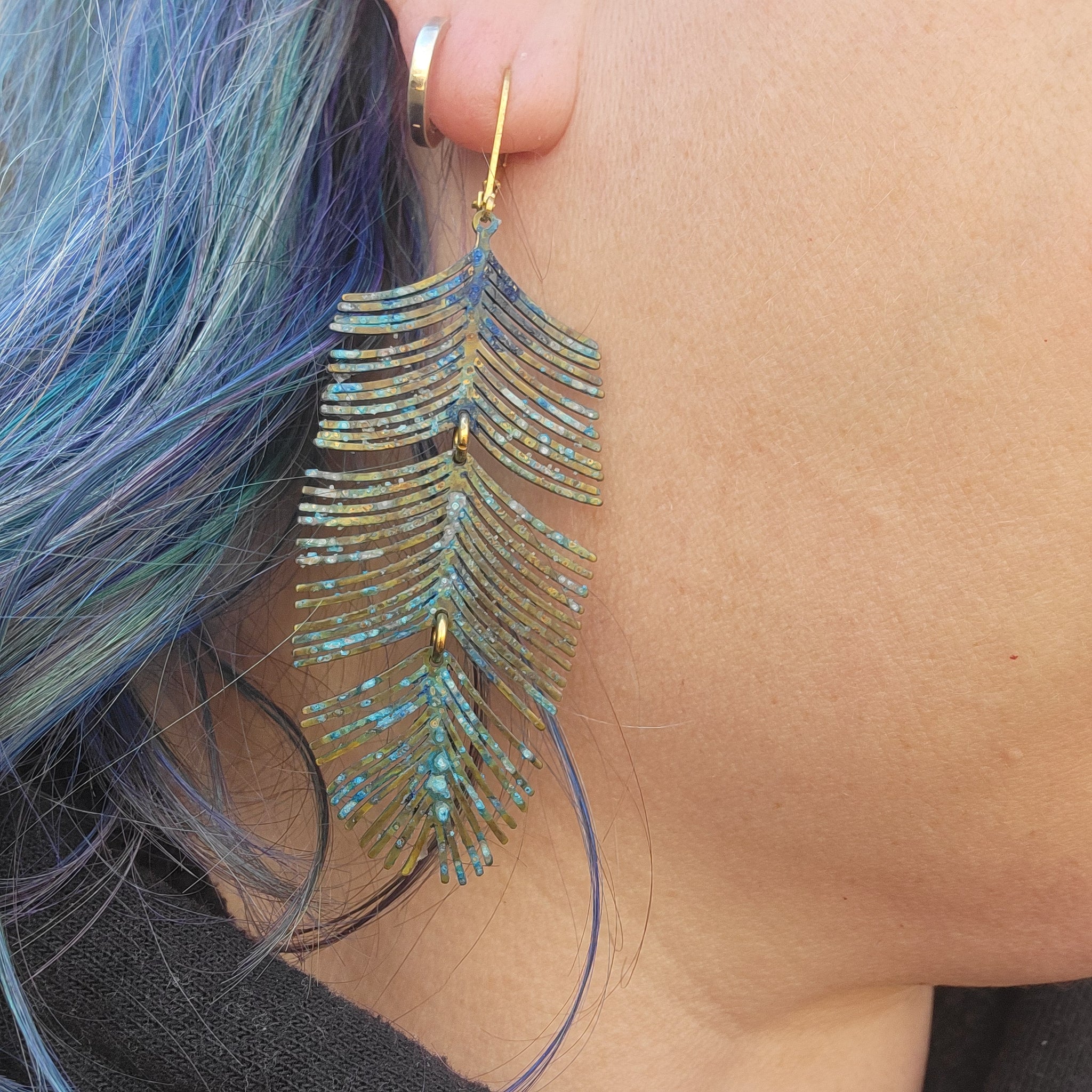 Ocean Blue Patina Fringe Feather Earrings