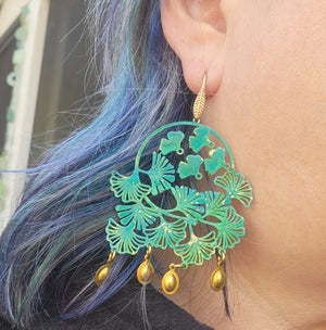 Sultry Summer Statement Verdigris Patina Ginkgo Earrings