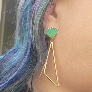 Hammered Brass Asymmetrical Triangle Earrings with Verdigris Fan Posts