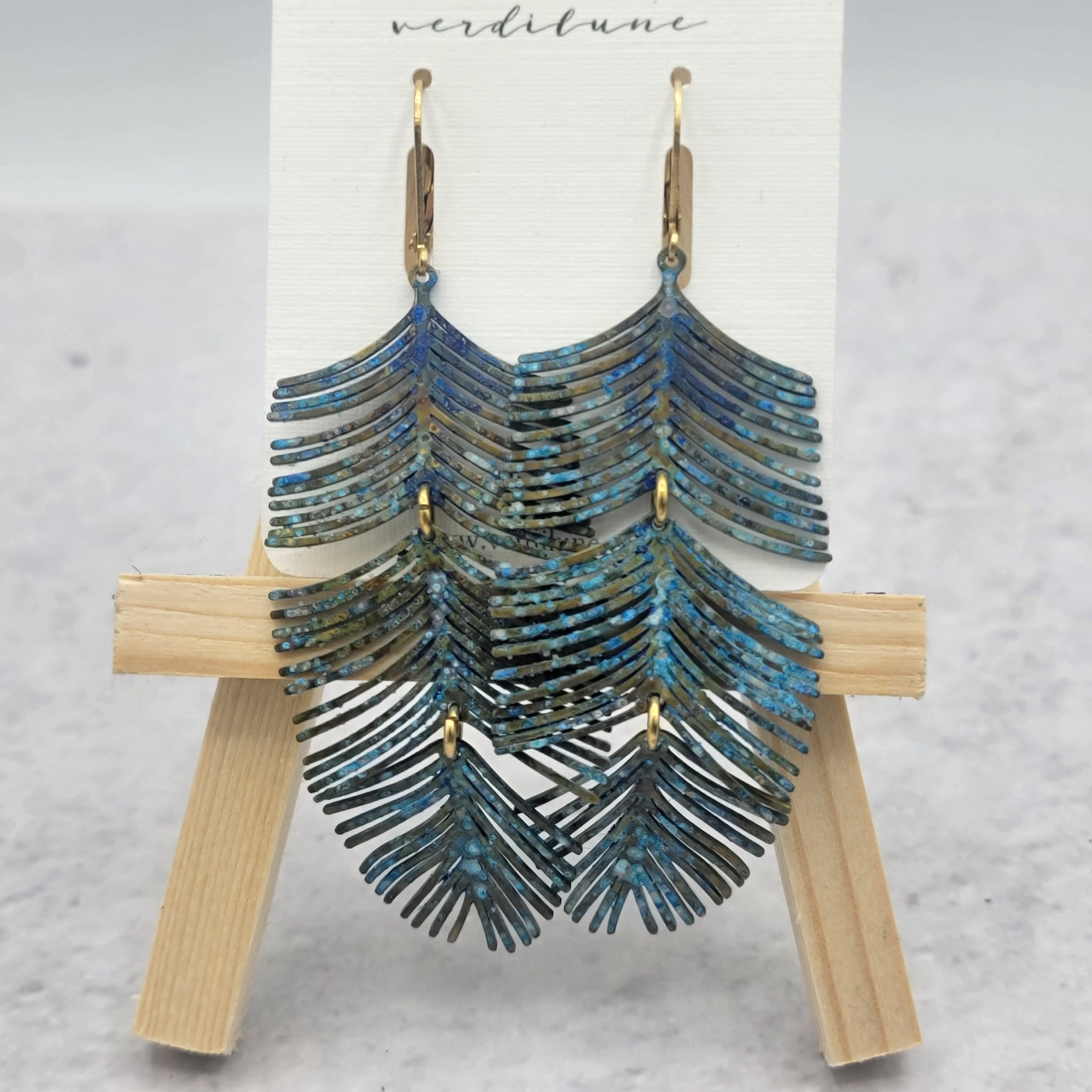 Ocean Blue Patina Fringe Feather Earrings