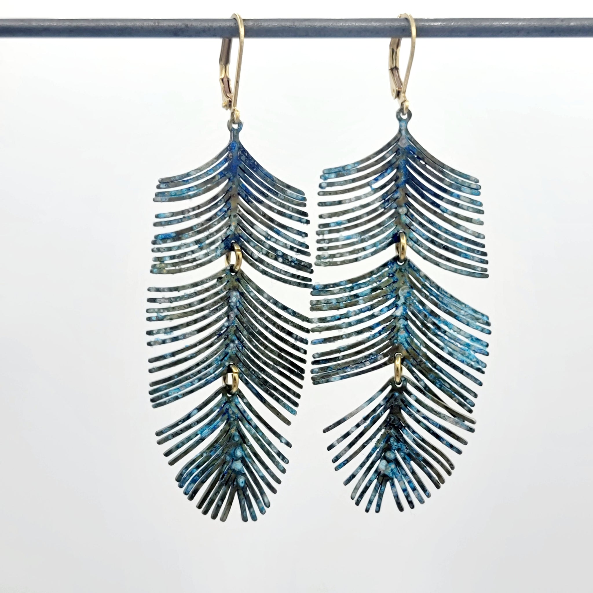 Ocean Blue Patina Fringe Feather Earrings