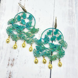 Sultry Summer Statement Verdigris Patina Ginkgo Earrings