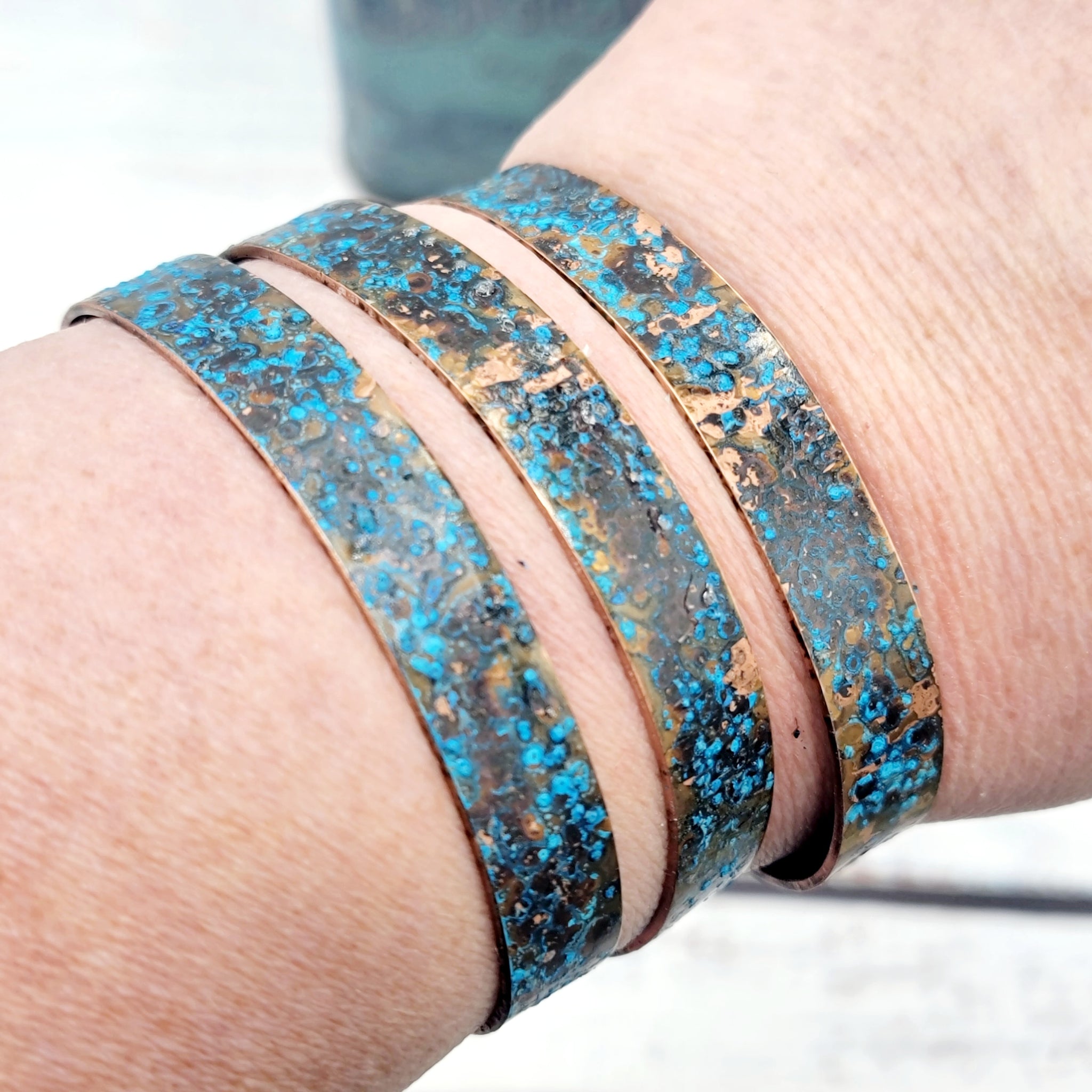 Distressed Ocean Blue Patina Medium Brass Cuff Bracelets