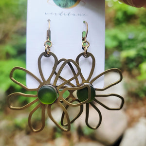 Brass Daisy & Sea Glass Earrings
