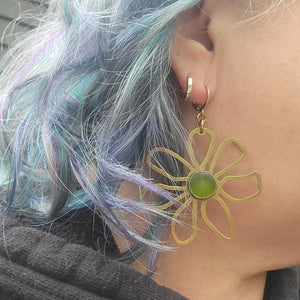 Brass Daisy & Sea Glass Earrings