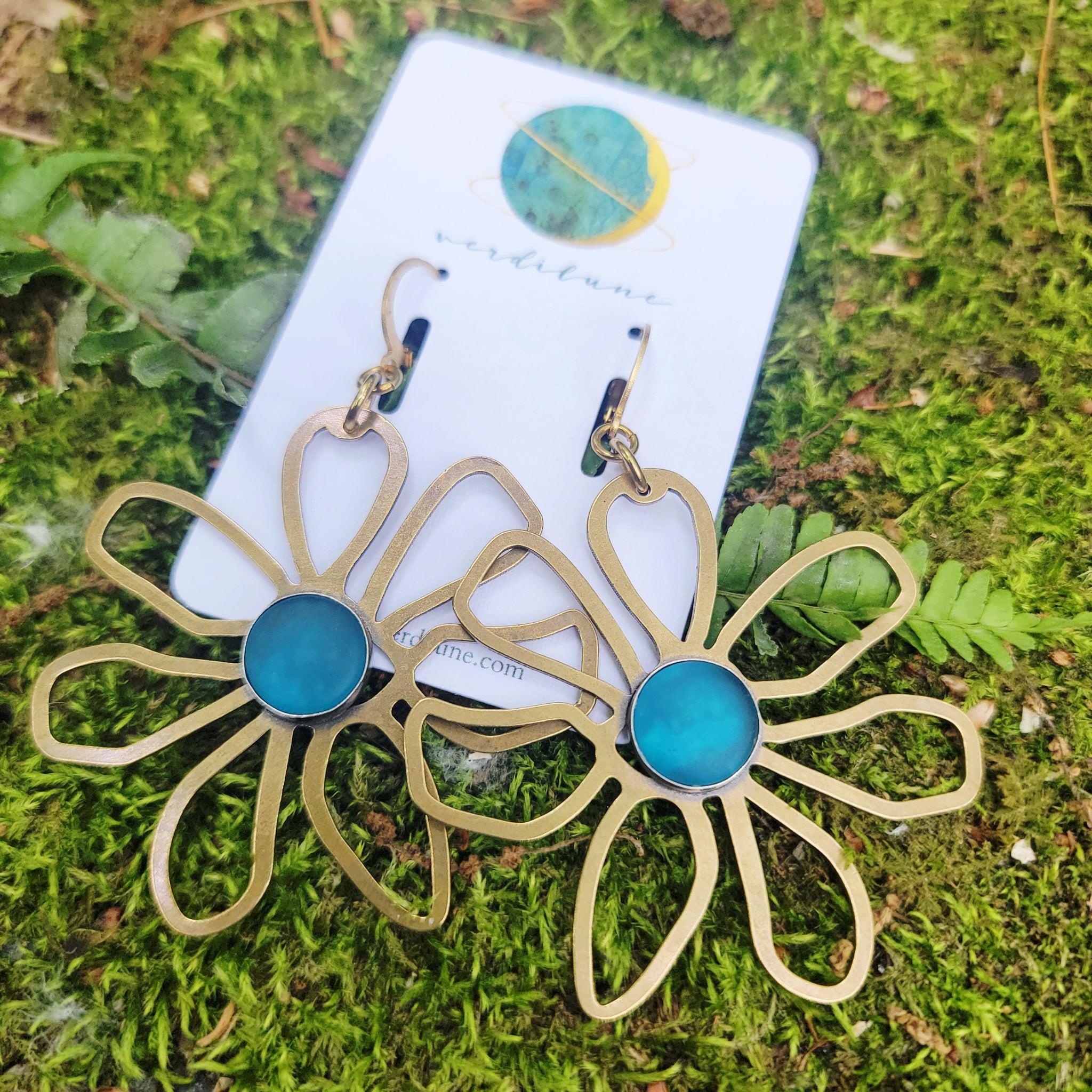 Brass Daisy & Sea Glass Earrings