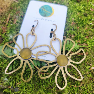 Brass Daisy & Sea Glass Earrings