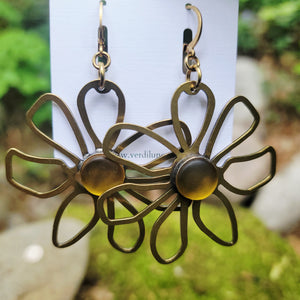Brass Daisy & Sea Glass Earrings
