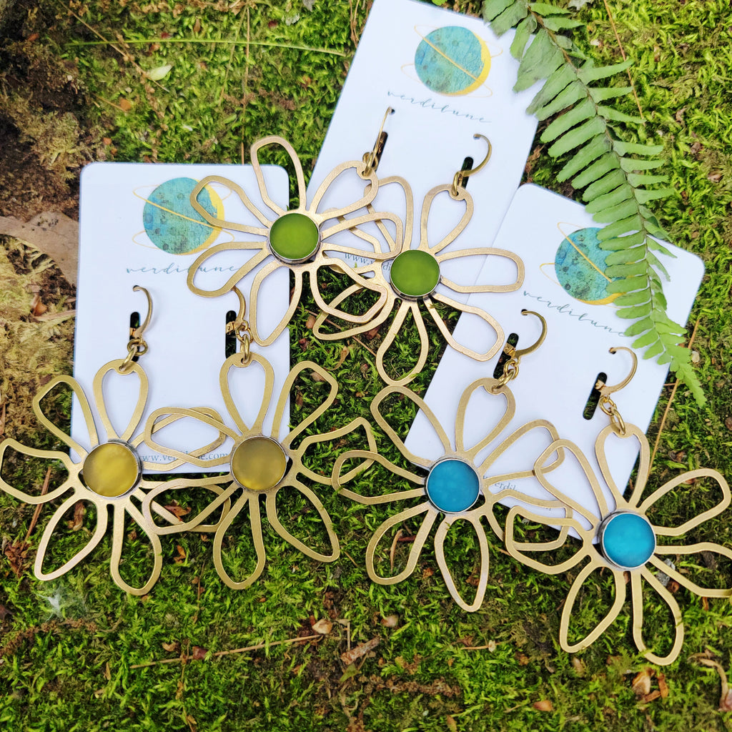 Brass Daisy & Sea Glass Earrings