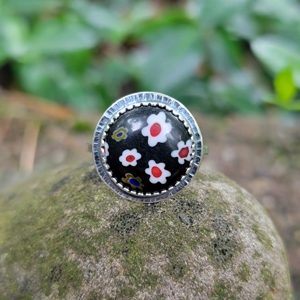 Milifiore Glass Ring Sterling Silver Size 6