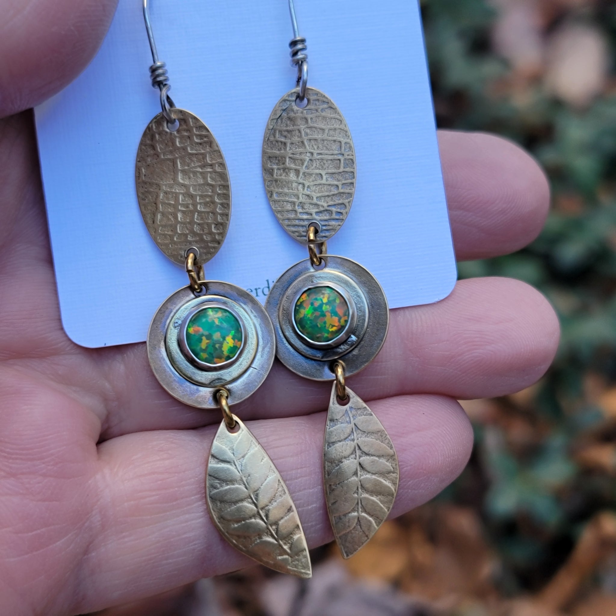 Brass & Opal Gemstone Dangle Earrings