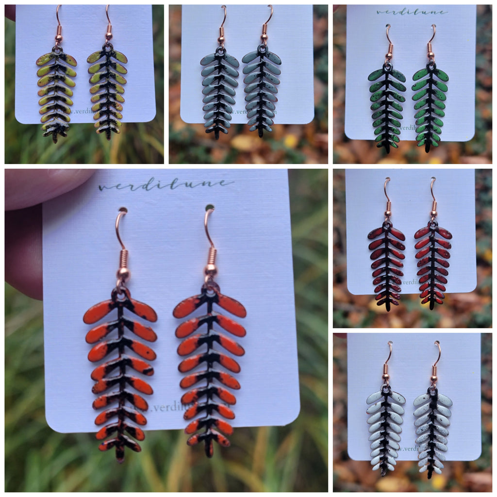 Enameled Fall Copper Fern Earrings