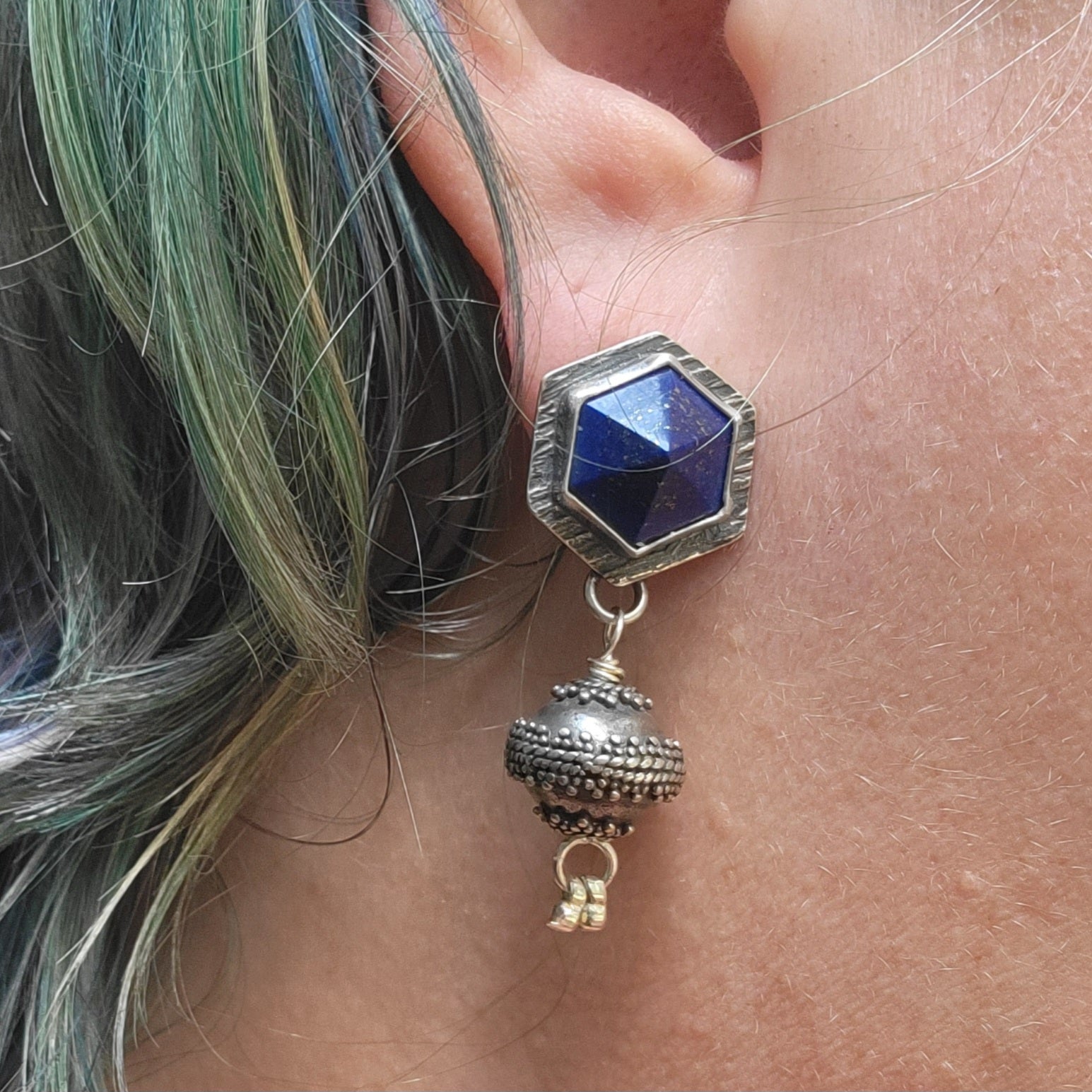 Lapis Lazuli Statement Earrings with Indonesian Sterling Silver Beads