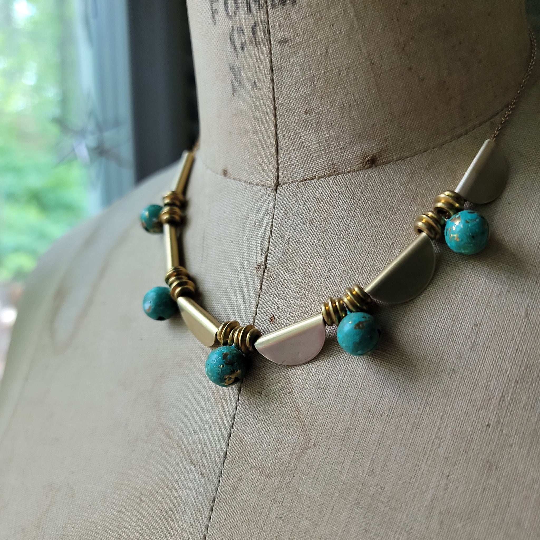 Brass Shield & Verdigris Bell Necklace