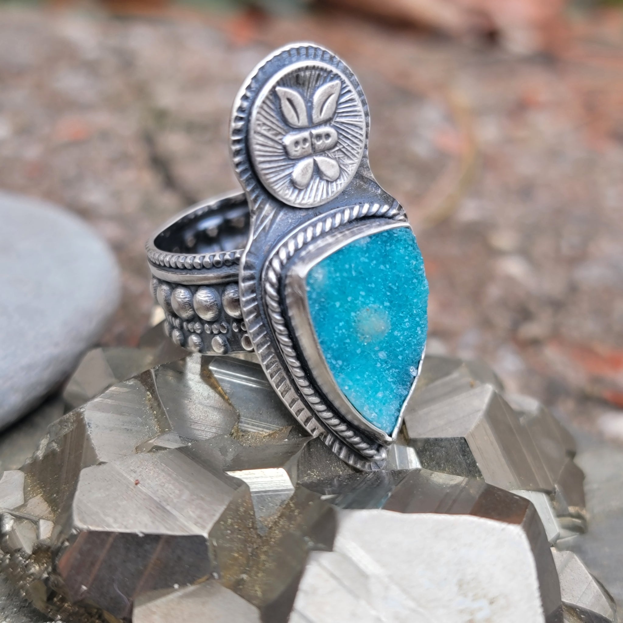 Chrysocolla Druzy Pendant & Ring Collection in Sterling Silver