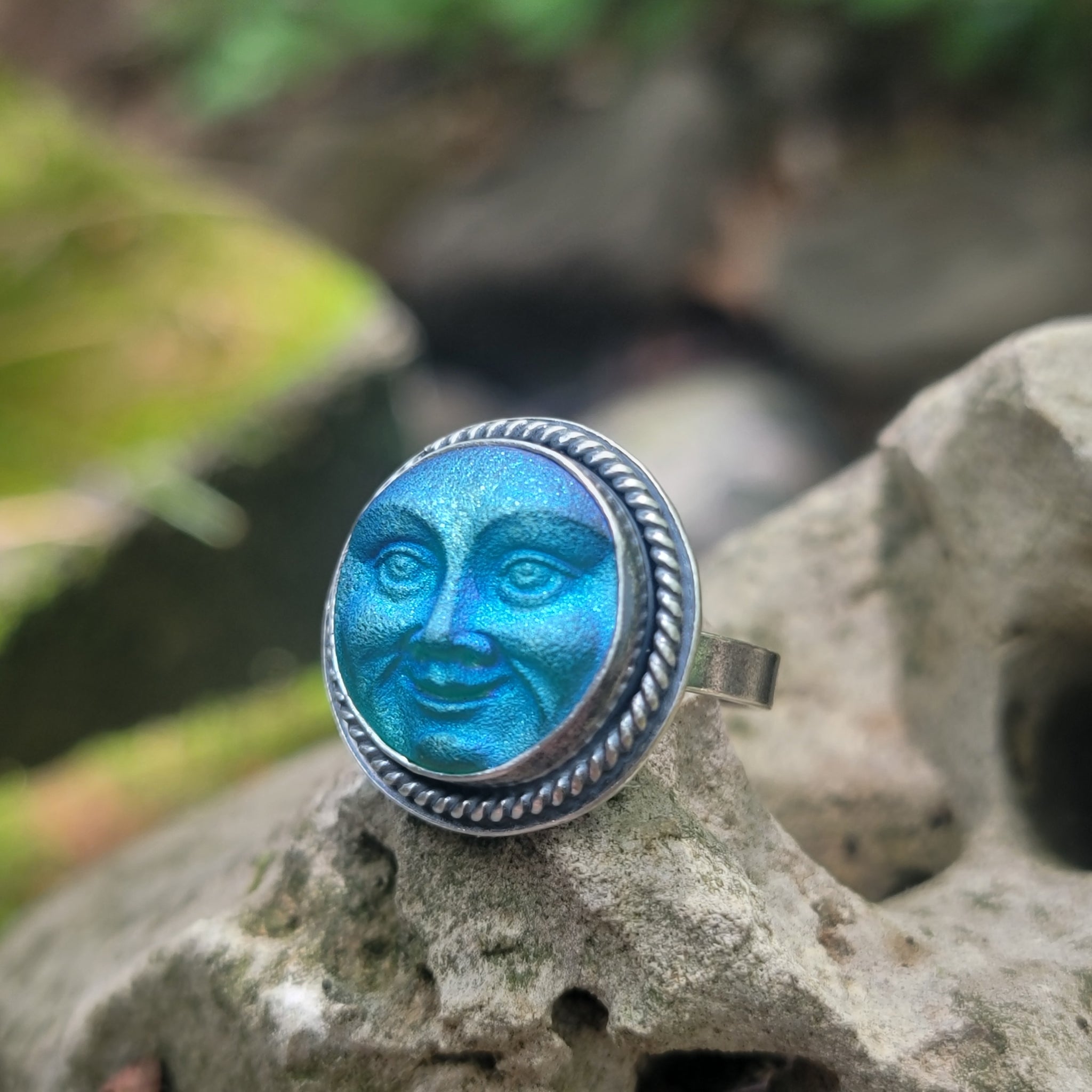 Czech Glass Moon Face Rings in Sterling Silver Silver