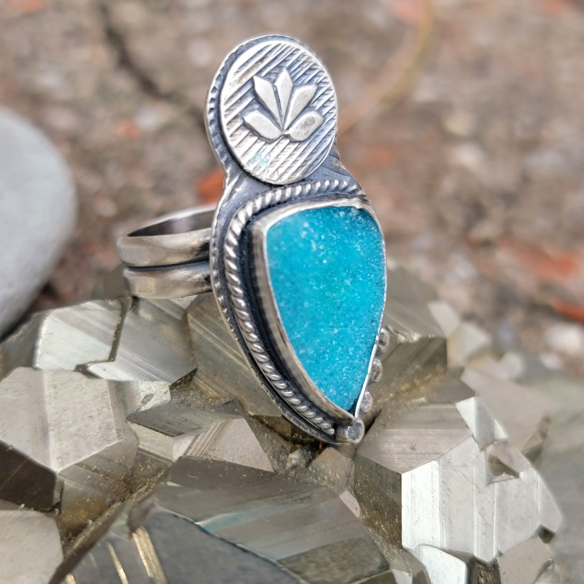 Chrysocolla Druzy Pendant & Ring Collection in Sterling Silver