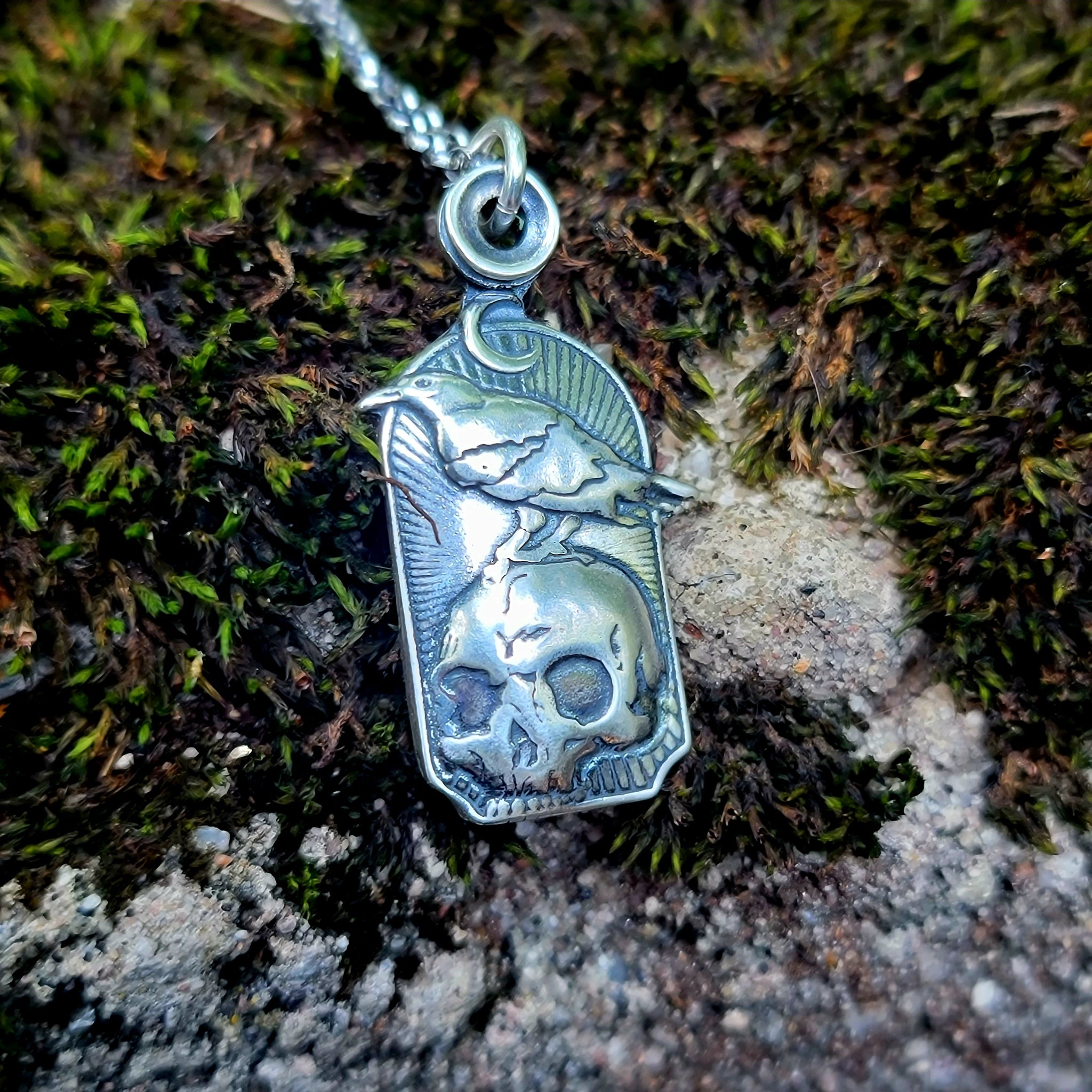 Nevermore Skull & Raven Pendant in Sterling Silver