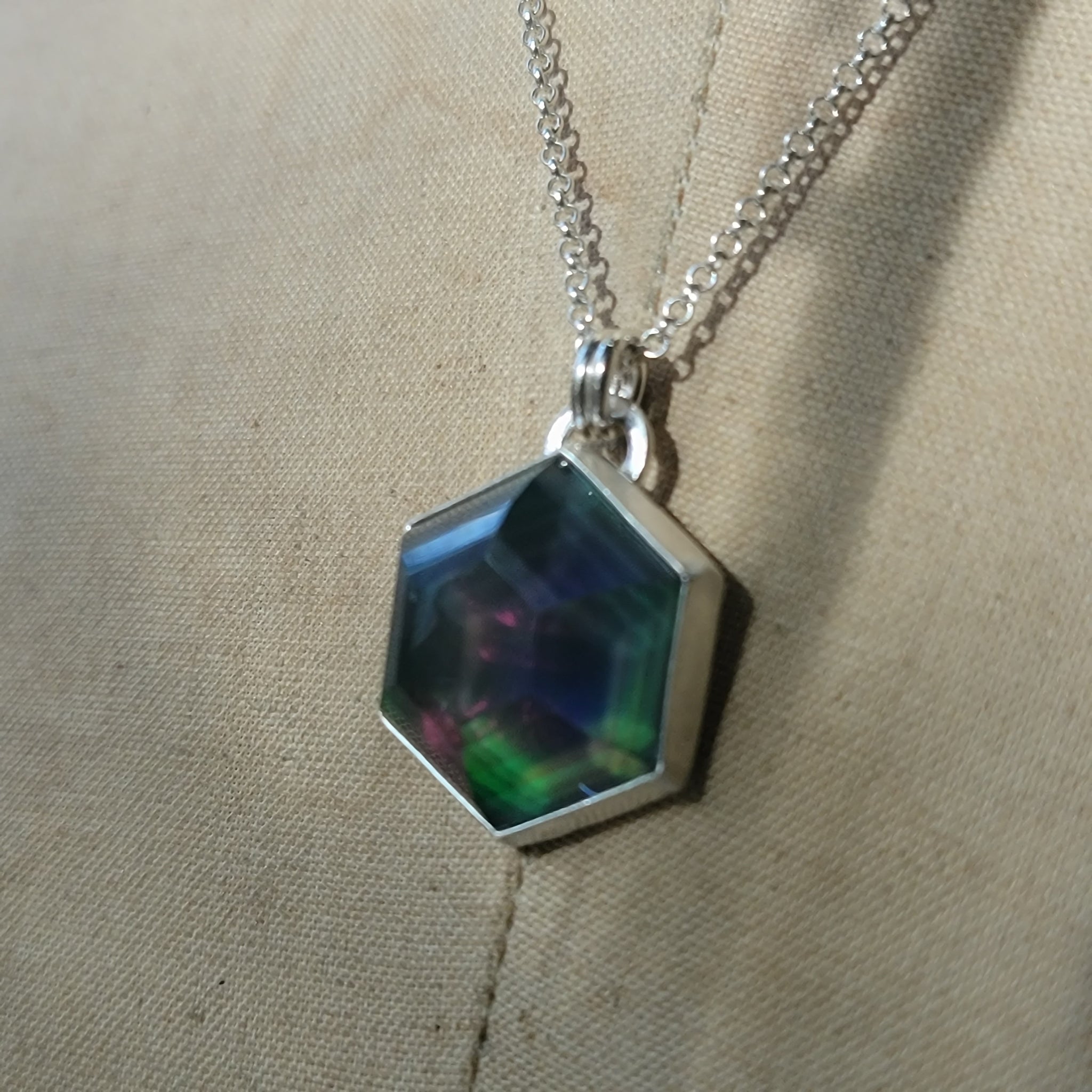 Rainbow Magic Faceted Opal Hexagon Doublet Pendant in Sterling Silver