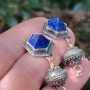 Lapis Lazuli Statement Earrings with Indonesian Sterling Silver Beads