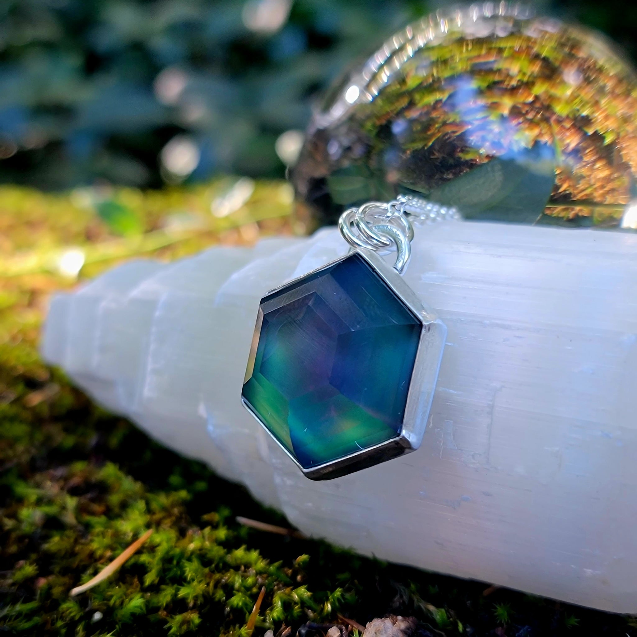 Rainbow Magic Faceted Opal Hexagon Doublet Pendant in Sterling Silver