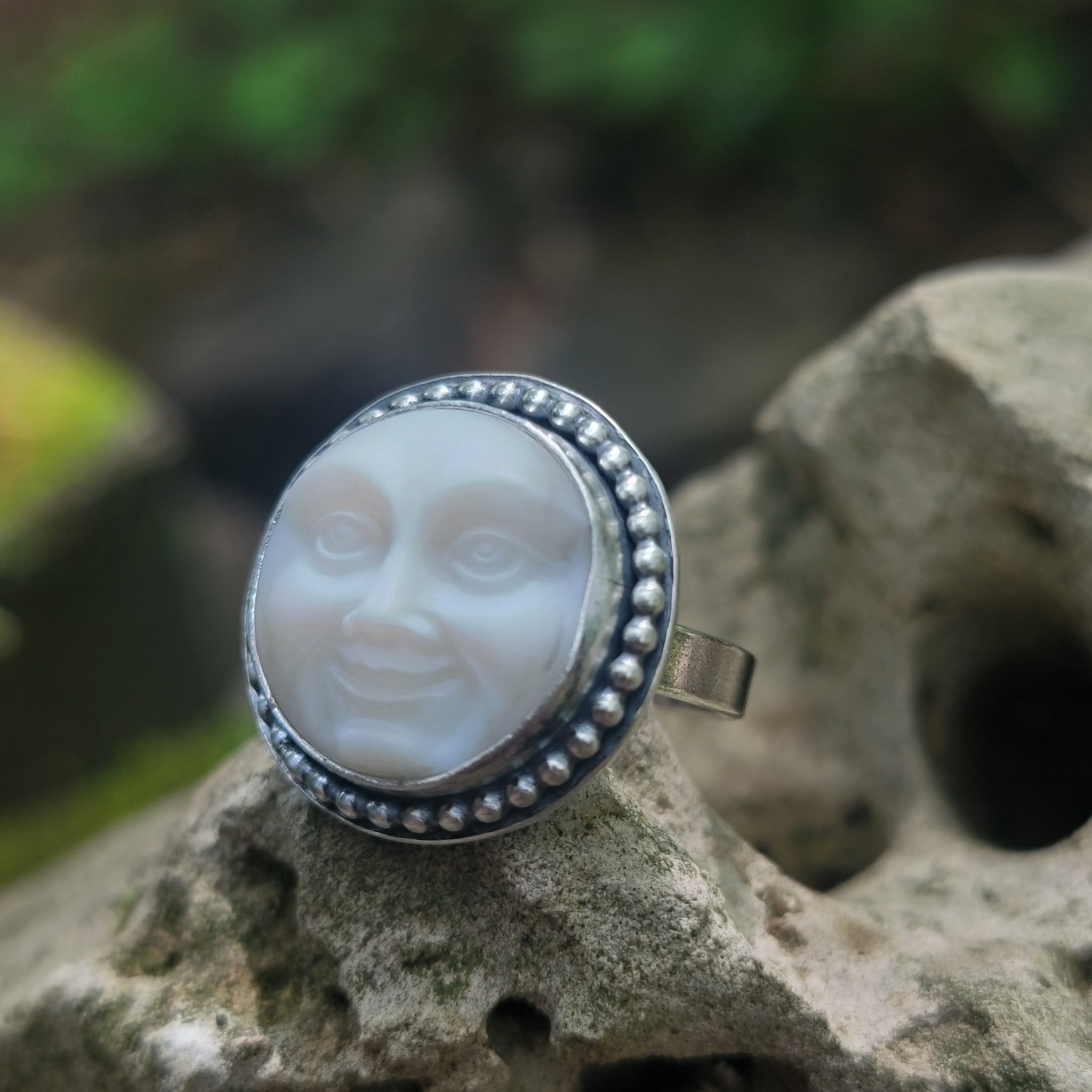 Czech Glass Moon Face Rings in Sterling Silver Silver