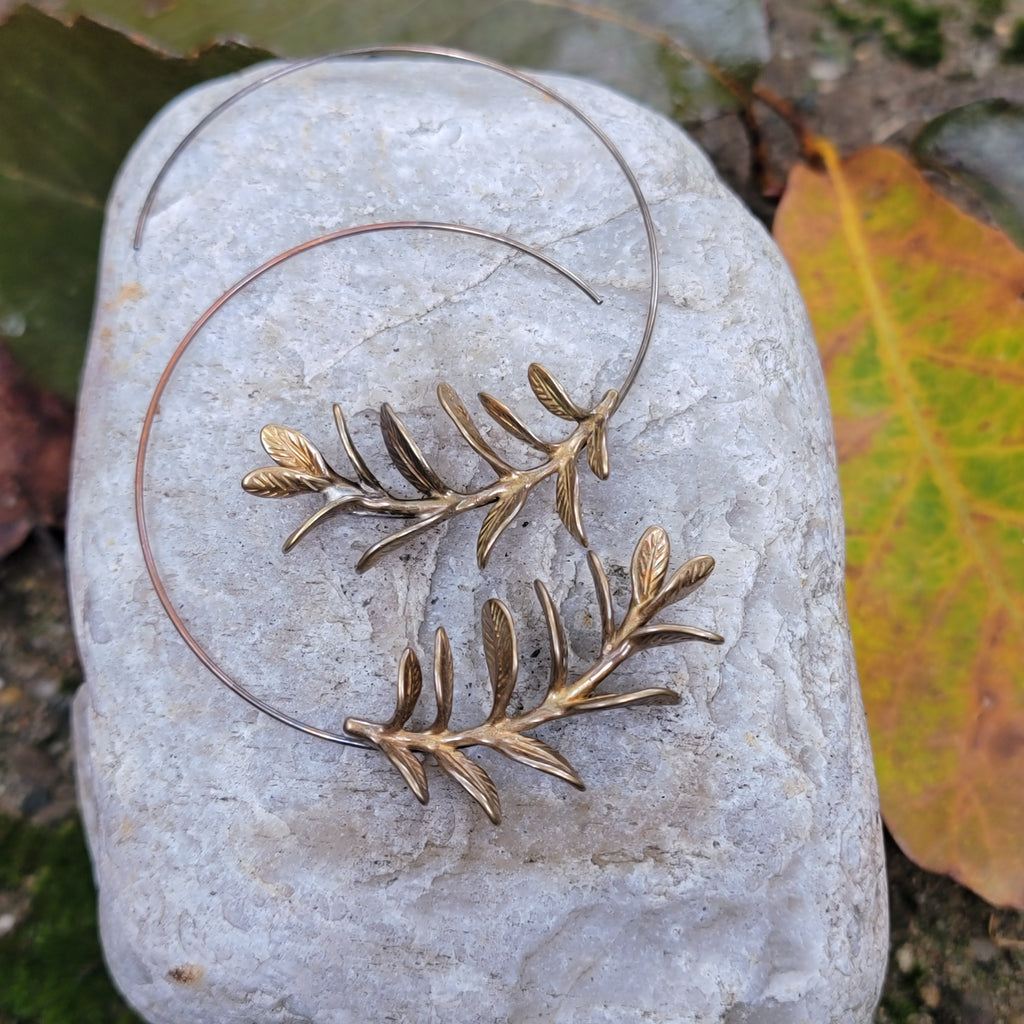 Leaf Cluster Hoop Earrings in Brass