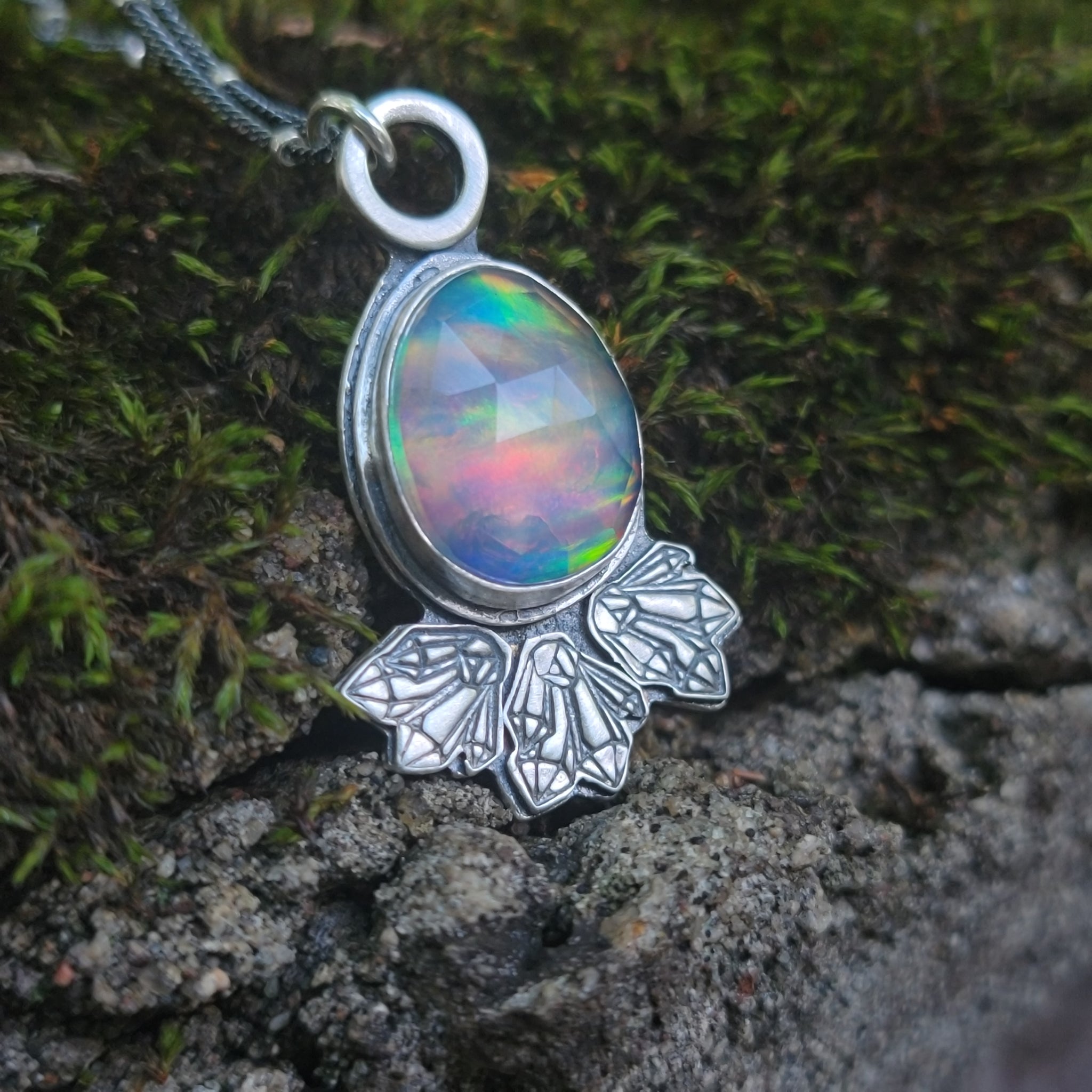 Crystal Bursts Faceted Opal Pendant in Sterling Silver