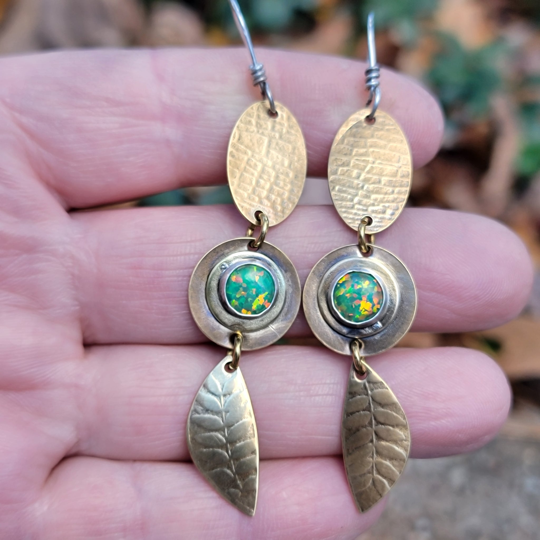 Brass & Opal Gemstone Dangle Earrings