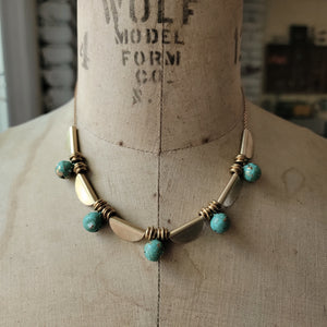 Brass Shield & Verdigris Bell Necklace