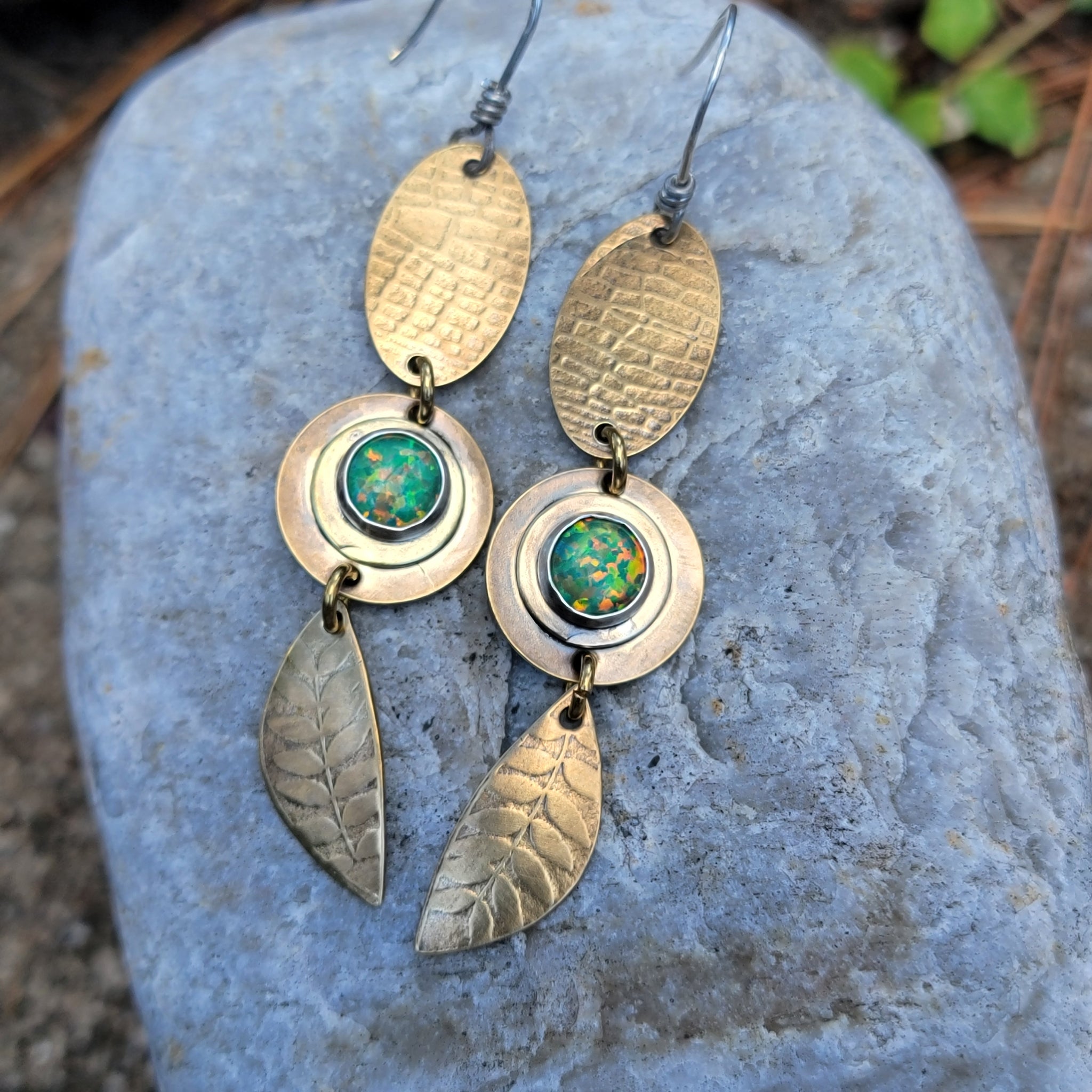 Brass & Opal Gemstone Dangle Earrings