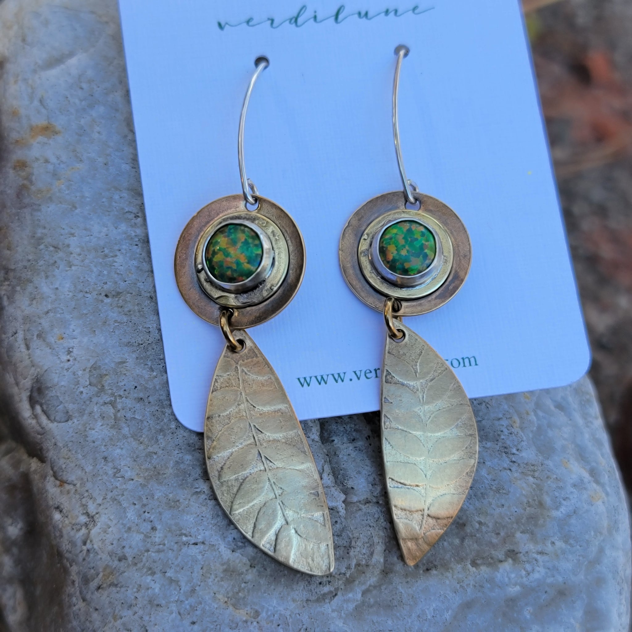 Brass & Opal Gemstone Dangle Earrings